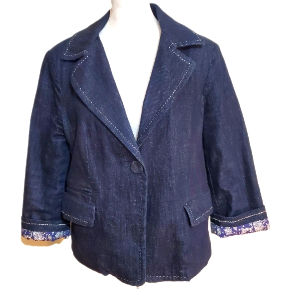 Talbot's cotton floral contrast lined dark wash denim jean jacket Blazer. Sz 10.